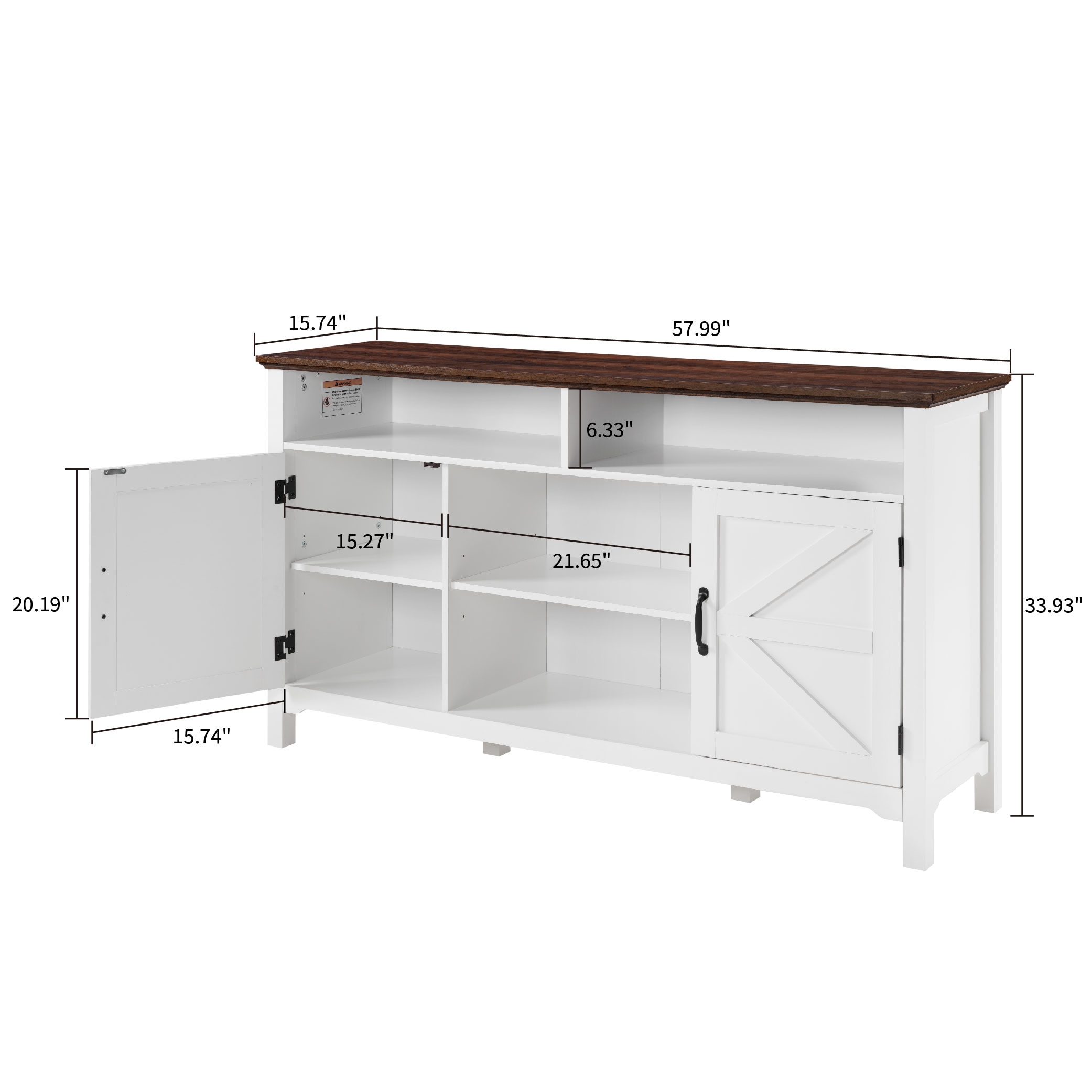 Farmhouse Sideboard Buffet Cabinet With Hinged Barn Doors, 58" Large Kitchen Storage Cabinet With Adjustable Shelves, Antique White Wood Coffee Bar Table For Dining Room, Living Room, Enterway_voghion.com